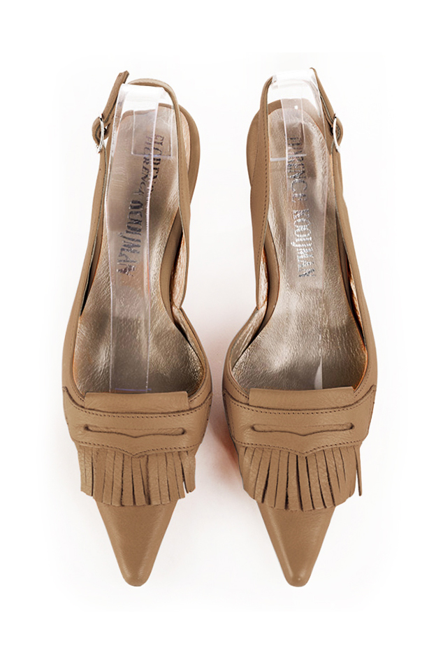Camel beige women's slingback shoes. Pointed toe. High spool heels. Top view - Florence KOOIJMAN